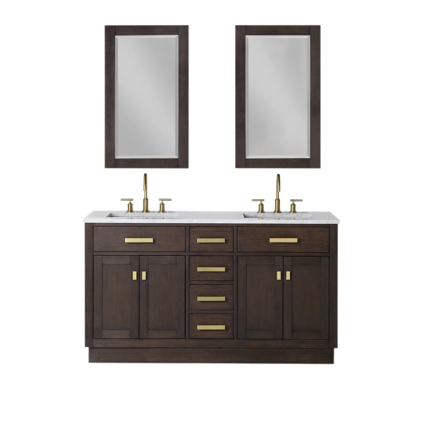 Water Creation Chestnut 60" Double Sink Carrara White Marble Countertop Vanity In Brown Oak with Gooseneck Faucets and Mirrors - Image 4