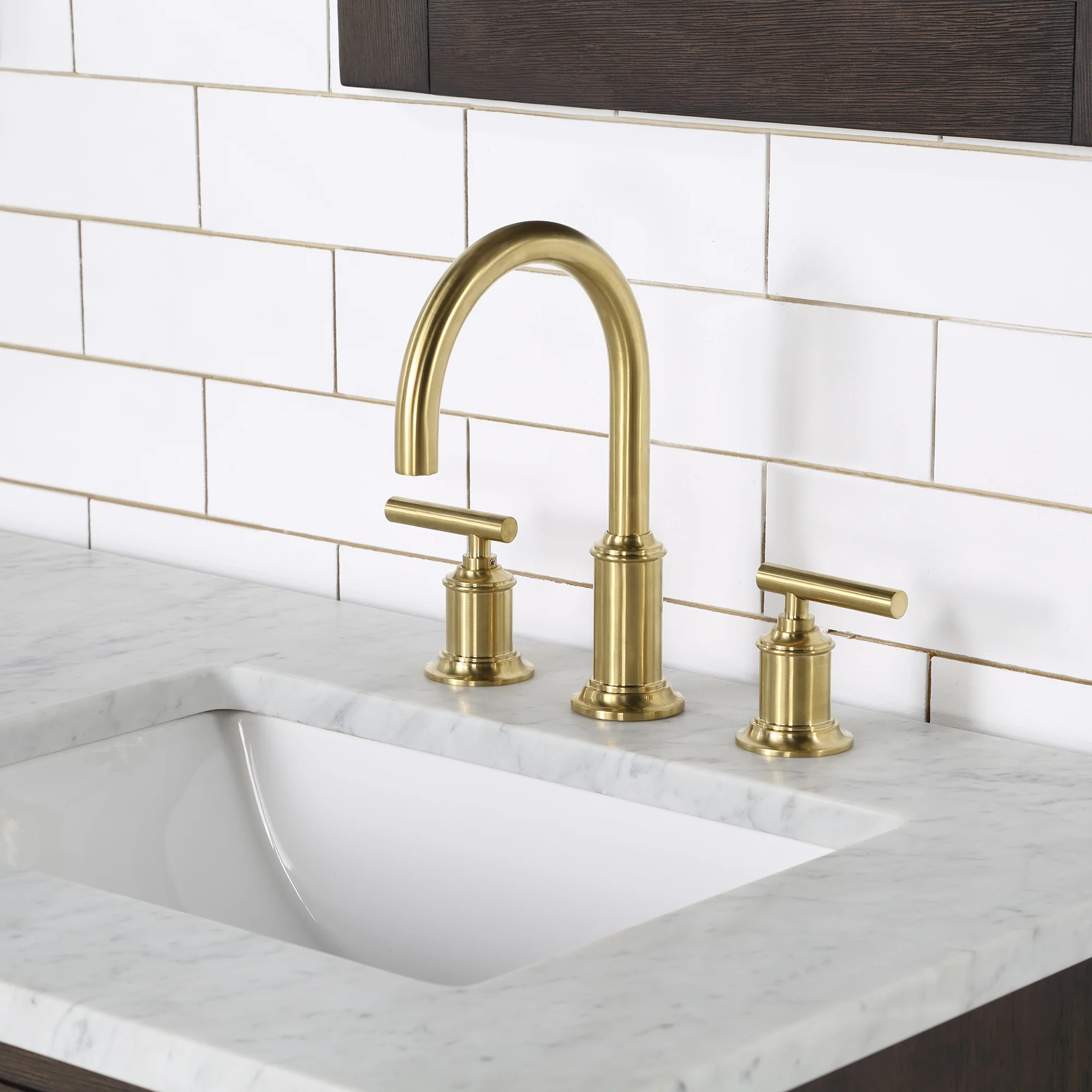 Water Creation Chestnut 60" Double Sink Carrara White Marble Countertop Vanity In Brown Oak with Gooseneck Faucets and Mirrors - Image 5