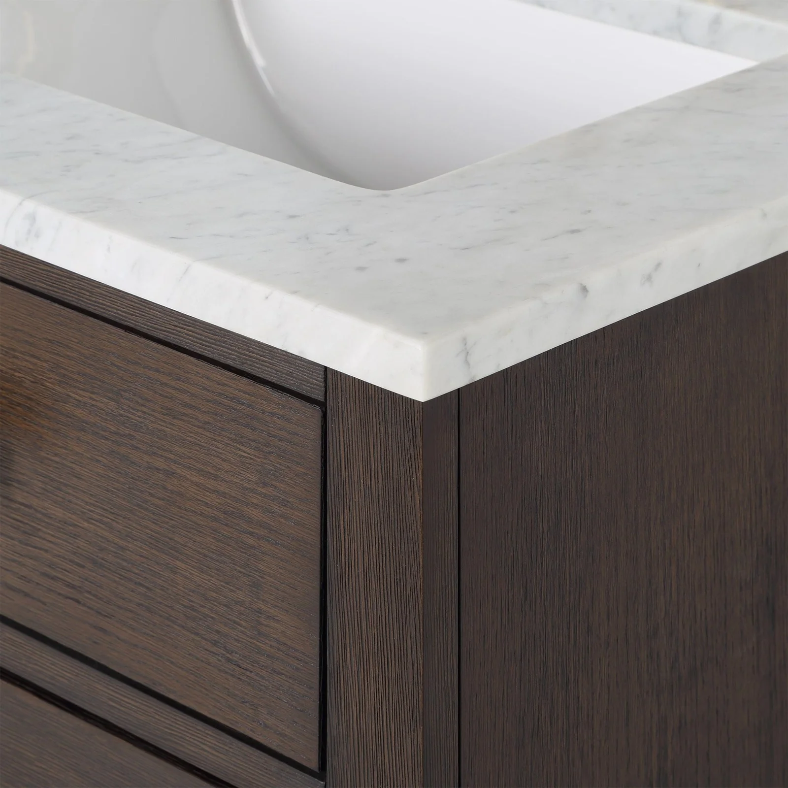 Water Creation Chestnut 60" Double Sink Carrara White Marble Countertop Vanity In Brown Oak with Gooseneck Faucets and Mirrors - Image 6