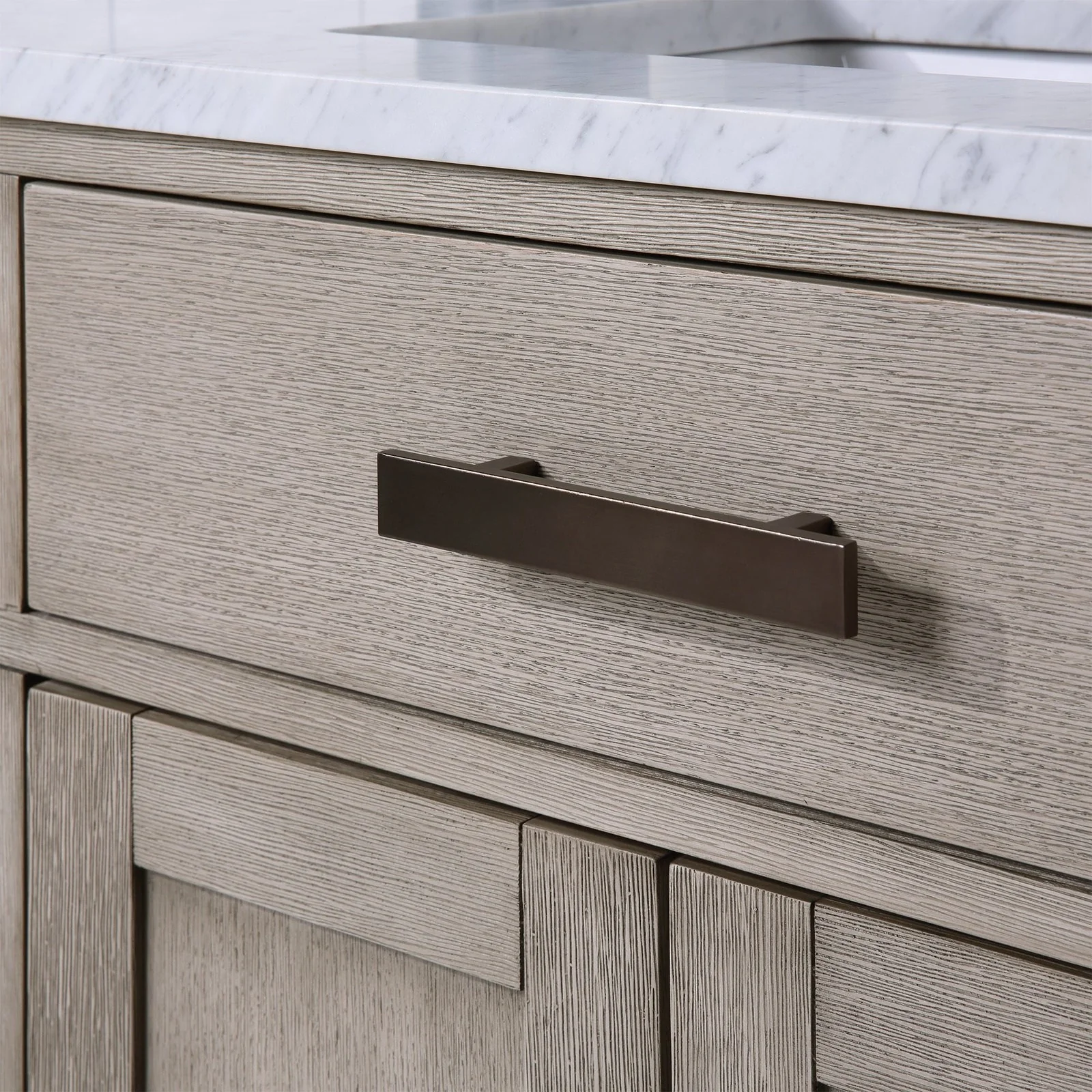 Water Creation Chestnut 60" Double Sink Carrara White Marble Countertop Vanity In Grey Oak with Gooseneck Faucets - Image 8