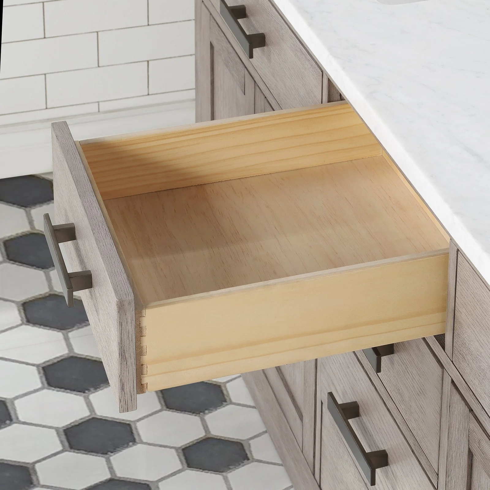 Water Creation Chestnut 72" Double Sink Carrara White Marble Countertop Vanity In Grey Oak with Gooseneck Faucets and Mirrors - Image 10
