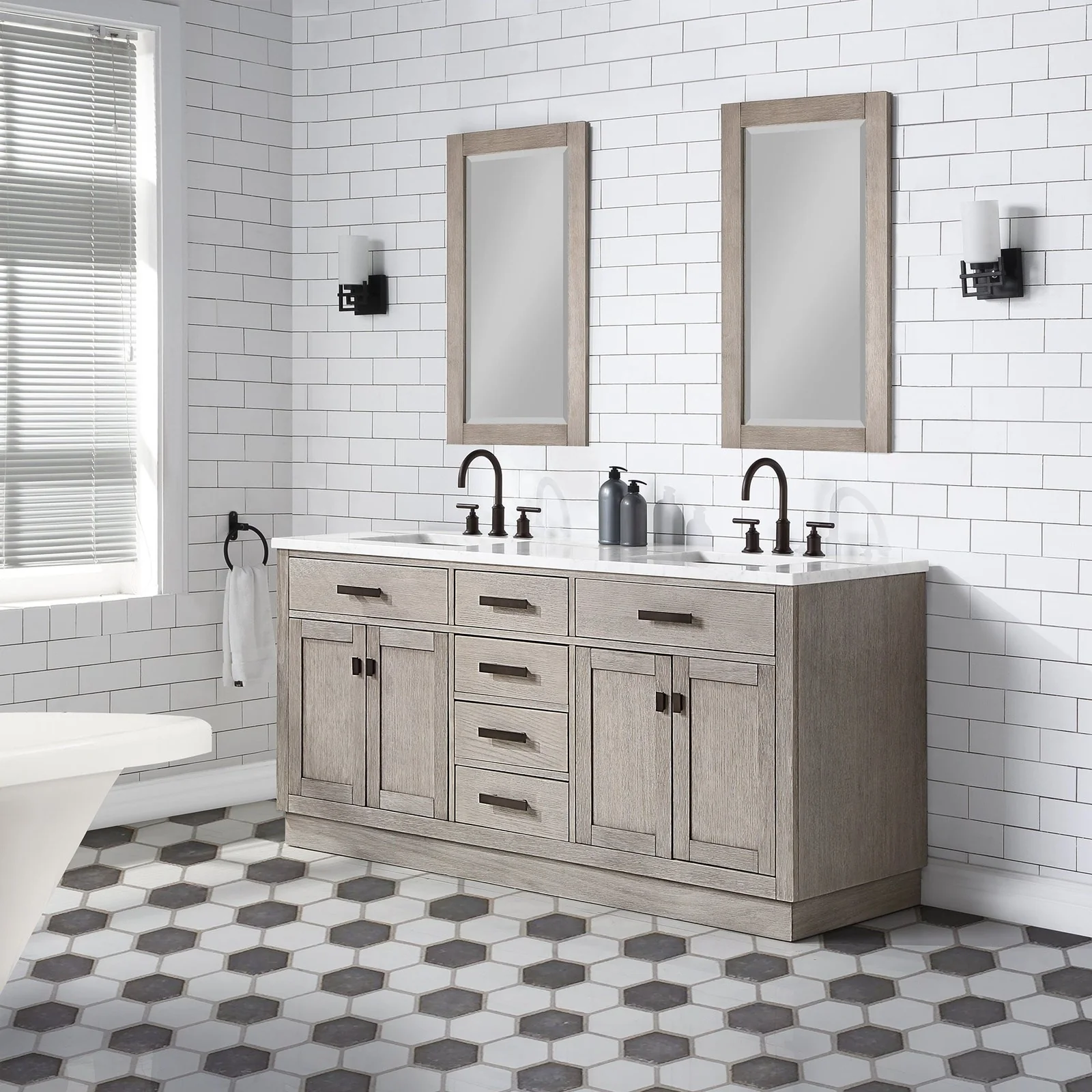 Water Creation Chestnut 72" Double Sink Carrara White Marble Countertop Vanity In Grey Oak with Gooseneck Faucets and Mirrors - Image 2