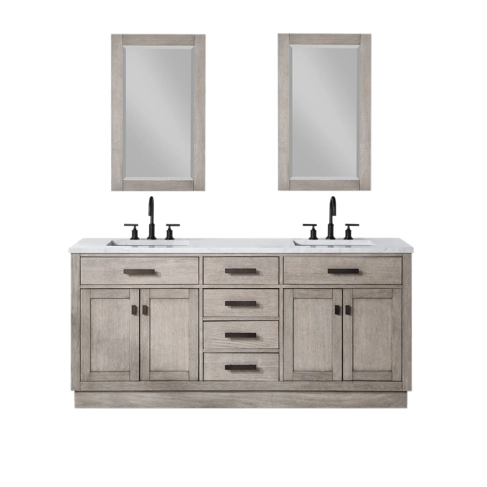 Water Creation Chestnut 72" Double Sink Carrara White Marble Countertop Vanity In Grey Oak with Gooseneck Faucets and Mirrors - Image 3