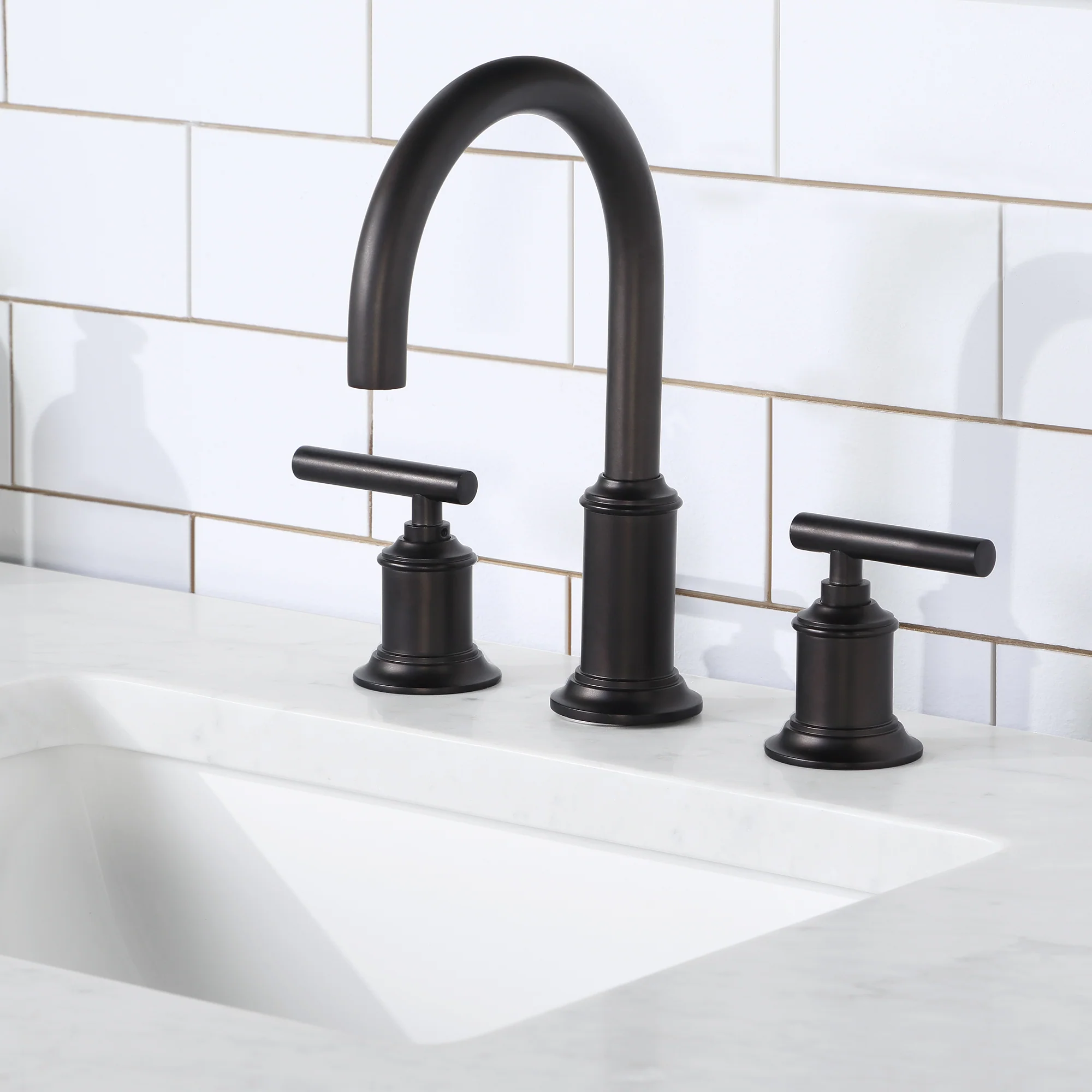 Water Creation Chestnut 72" Double Sink Carrara White Marble Countertop Vanity In Grey Oak with Gooseneck Faucets and Mirrors - Image 4