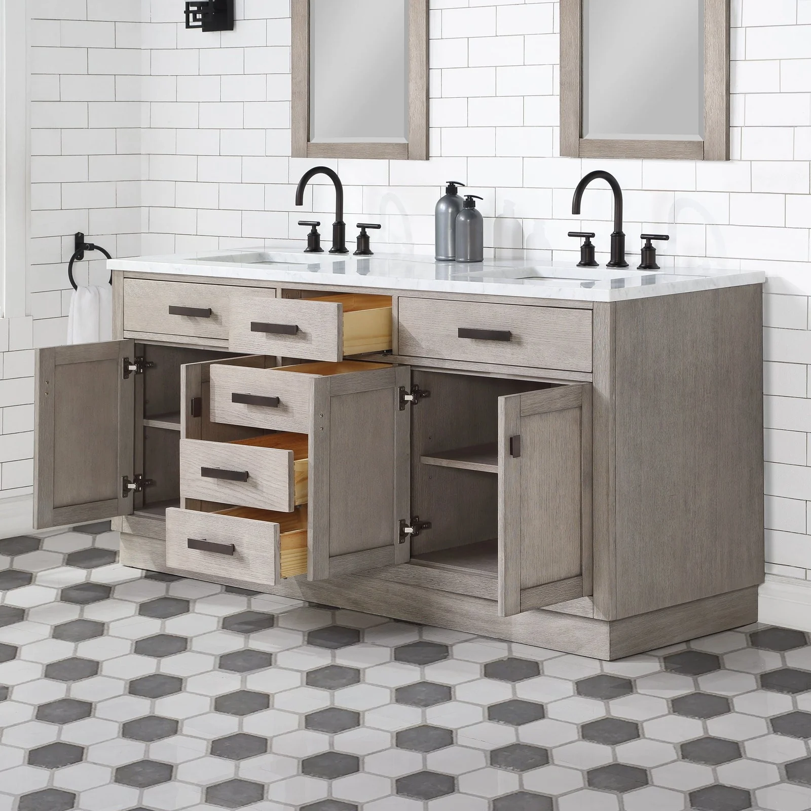 Water Creation Chestnut 72" Double Sink Carrara White Marble Countertop Vanity In Grey Oak with Gooseneck Faucets and Mirrors - Image 9