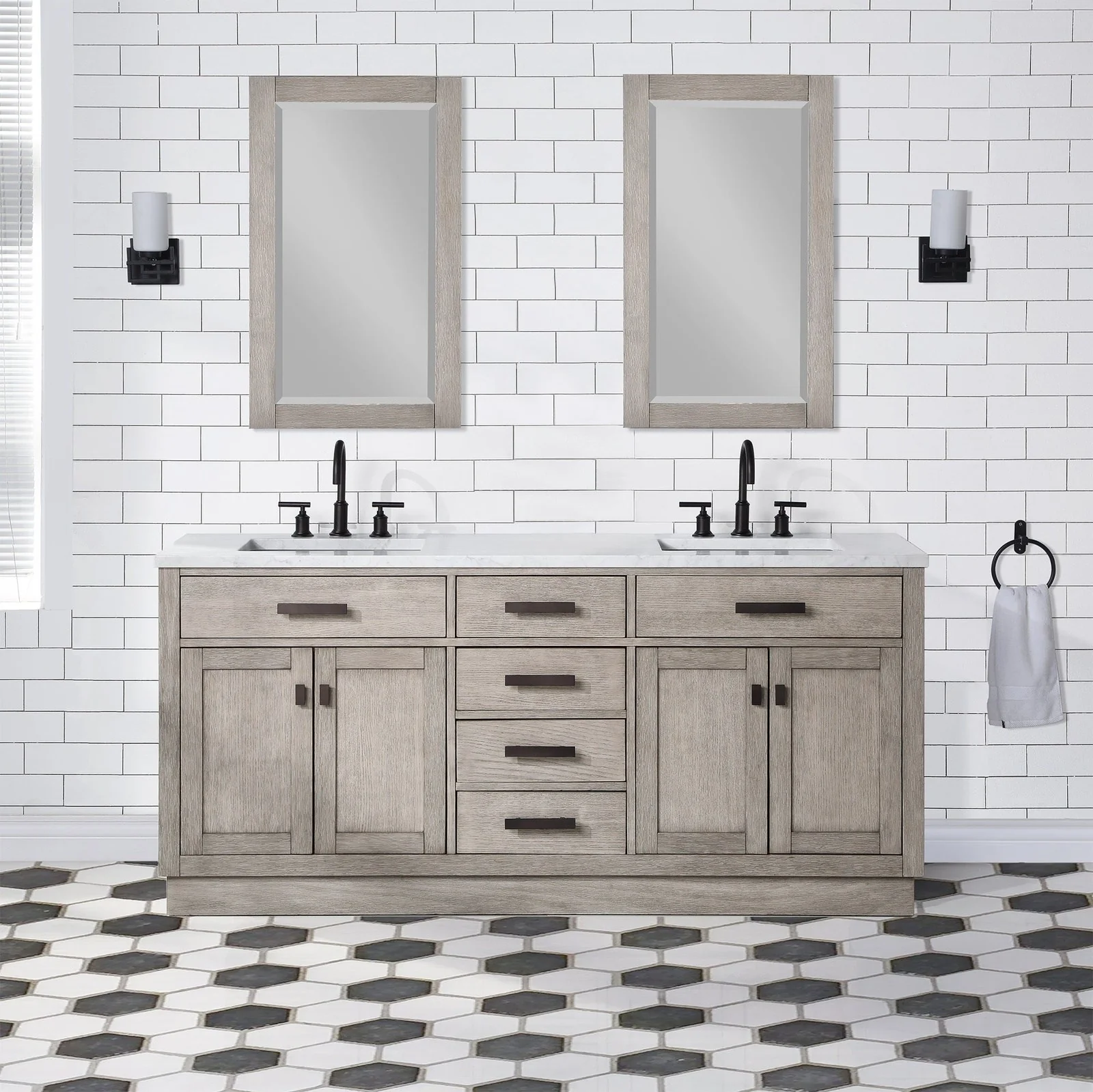 Water Creation Chestnut 72" Double Sink Carrara White Marble Countertop Vanity In Grey Oak with Gooseneck Faucets