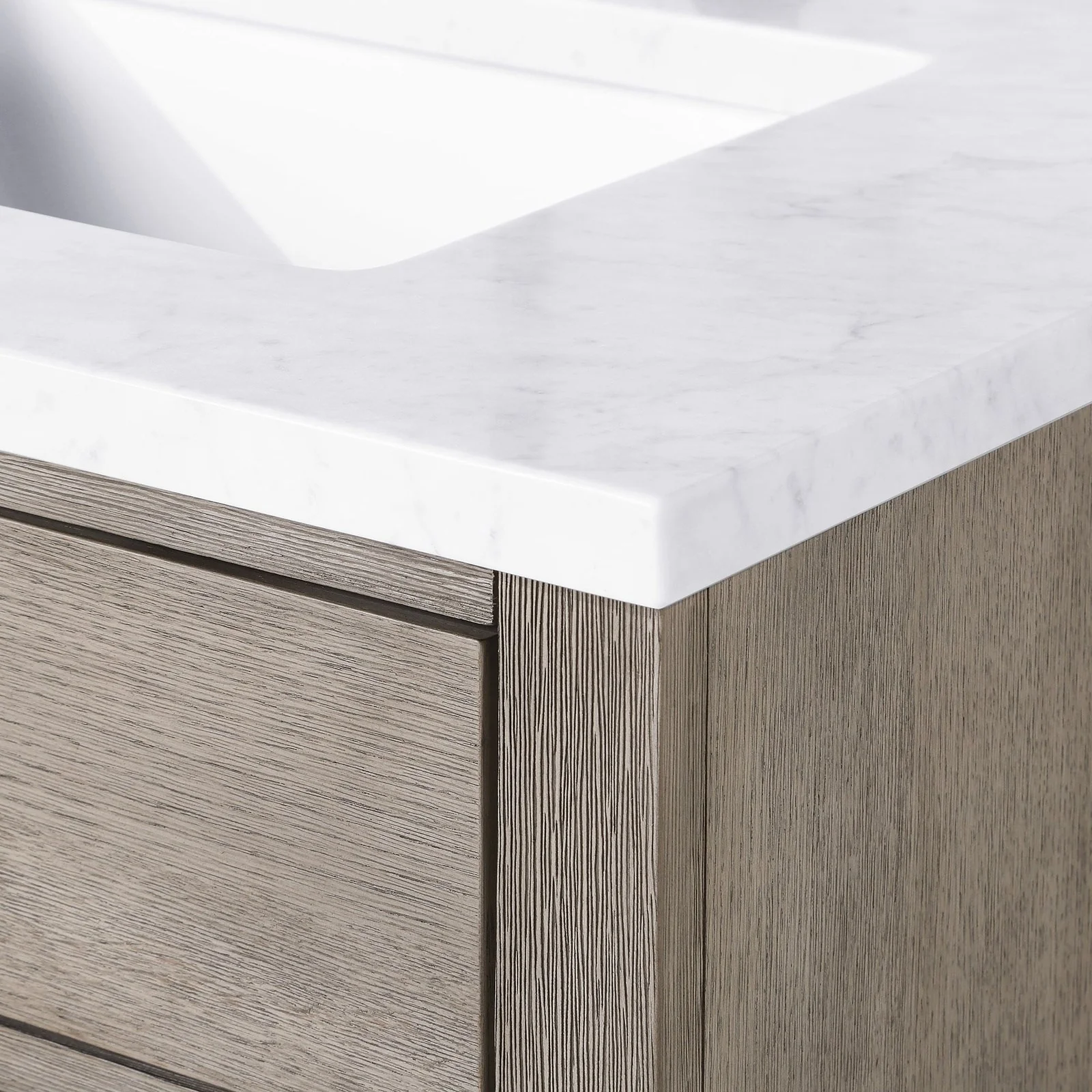 Water Creation Chestnut 72" Double Sink Carrara White Marble Countertop Vanity In Grey Oak with Gooseneck Faucets - Image 5