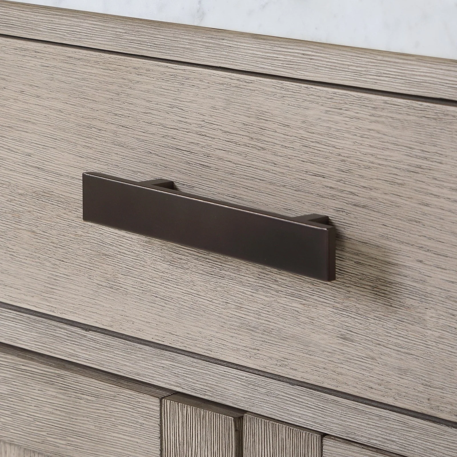 Water Creation Chestnut 72" Double Sink Carrara White Marble Countertop Vanity In Grey Oak with Gooseneck Faucets - Image 7