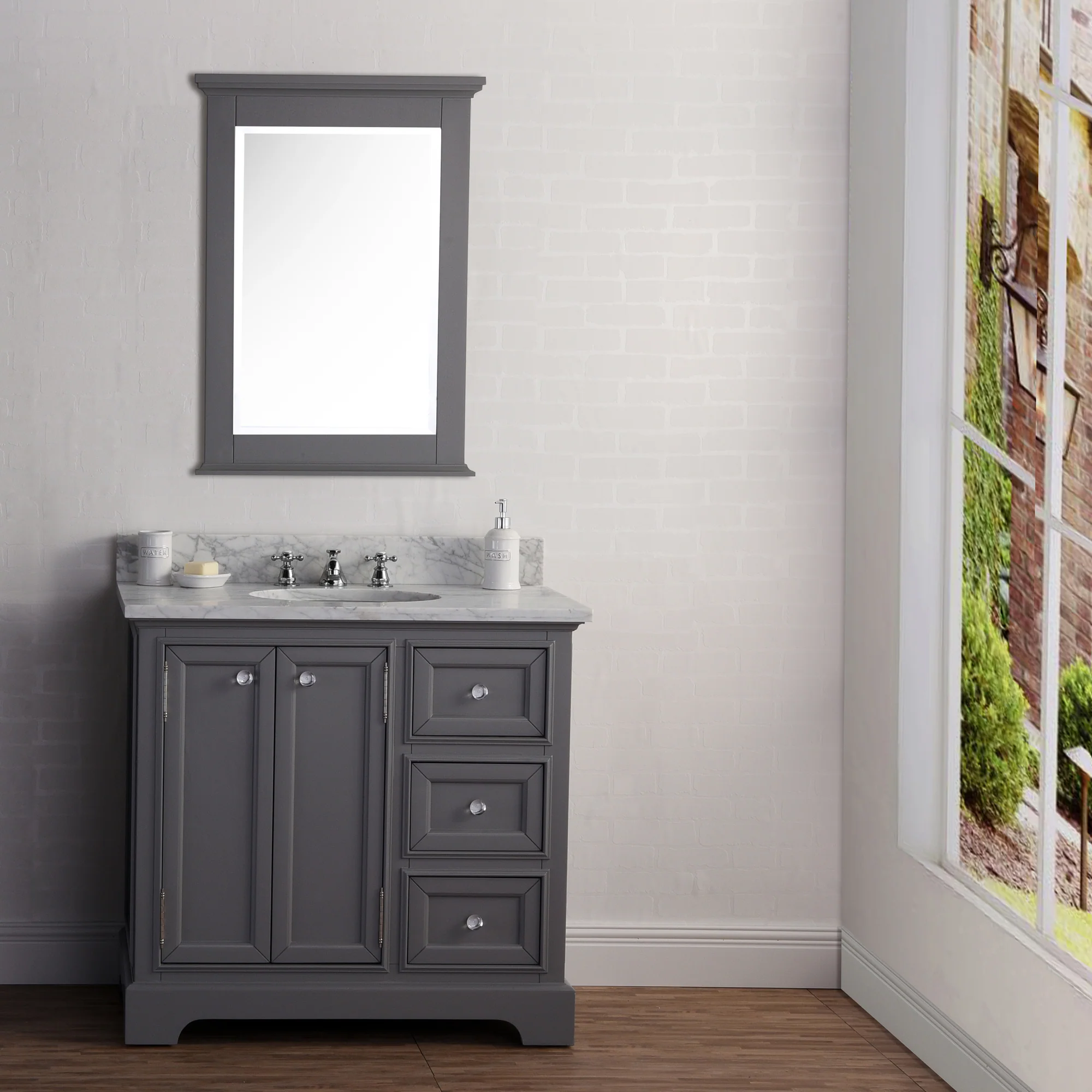 Water Creation Derby 36" Wide Cashmere Grey Single Sink Carrara Marble Bathroom Vanity With Faucets From The Derby Collection