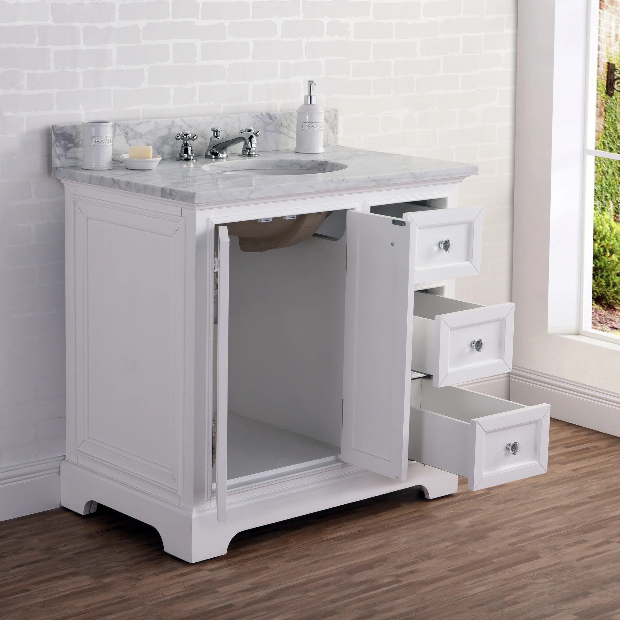 Water Creation Derby 36" Wide Pure White Single Sink Carrara Marble Bathroom Vanity With Faucets - Image 6