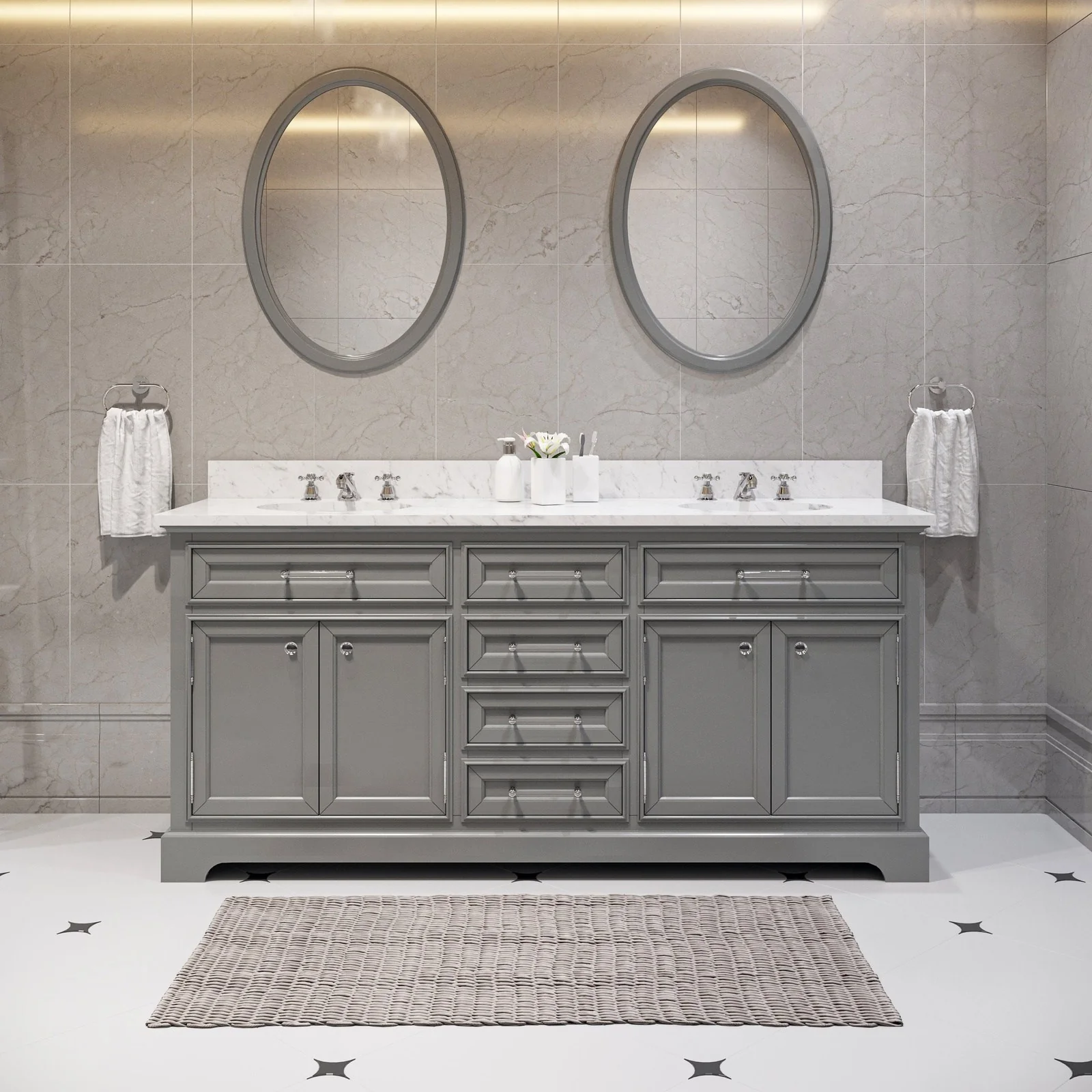 Water Creation Derby 72" Cashmere Grey Double Sink Bathroom Vanity With Matching Framed Mirrors And Faucets