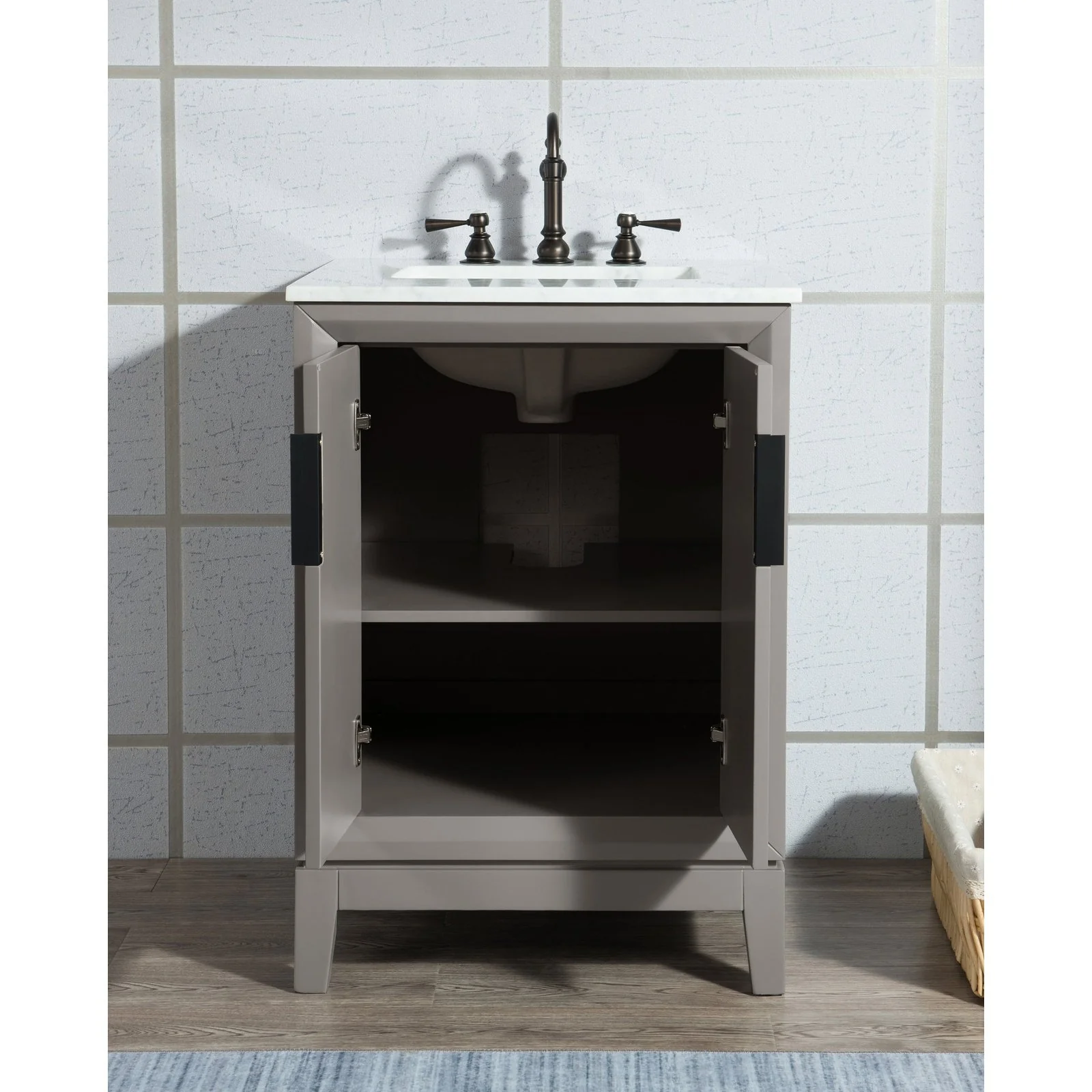 Water Creation Elizabeth 24" Single Sink Carrara White Marble Vanity In Cashmere Grey With Matching Mirror and Lavatory Faucet - Image 3