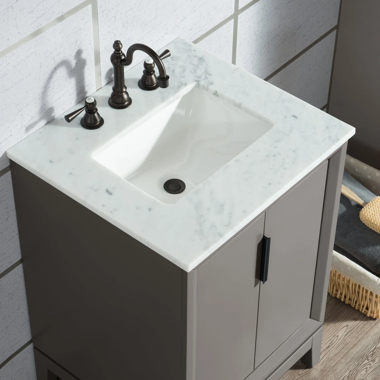 Water Creation Elizabeth 24" Single Sink Carrara White Marble Vanity In Cashmere Grey With Matching Mirror and Lavatory Faucet - Image 6