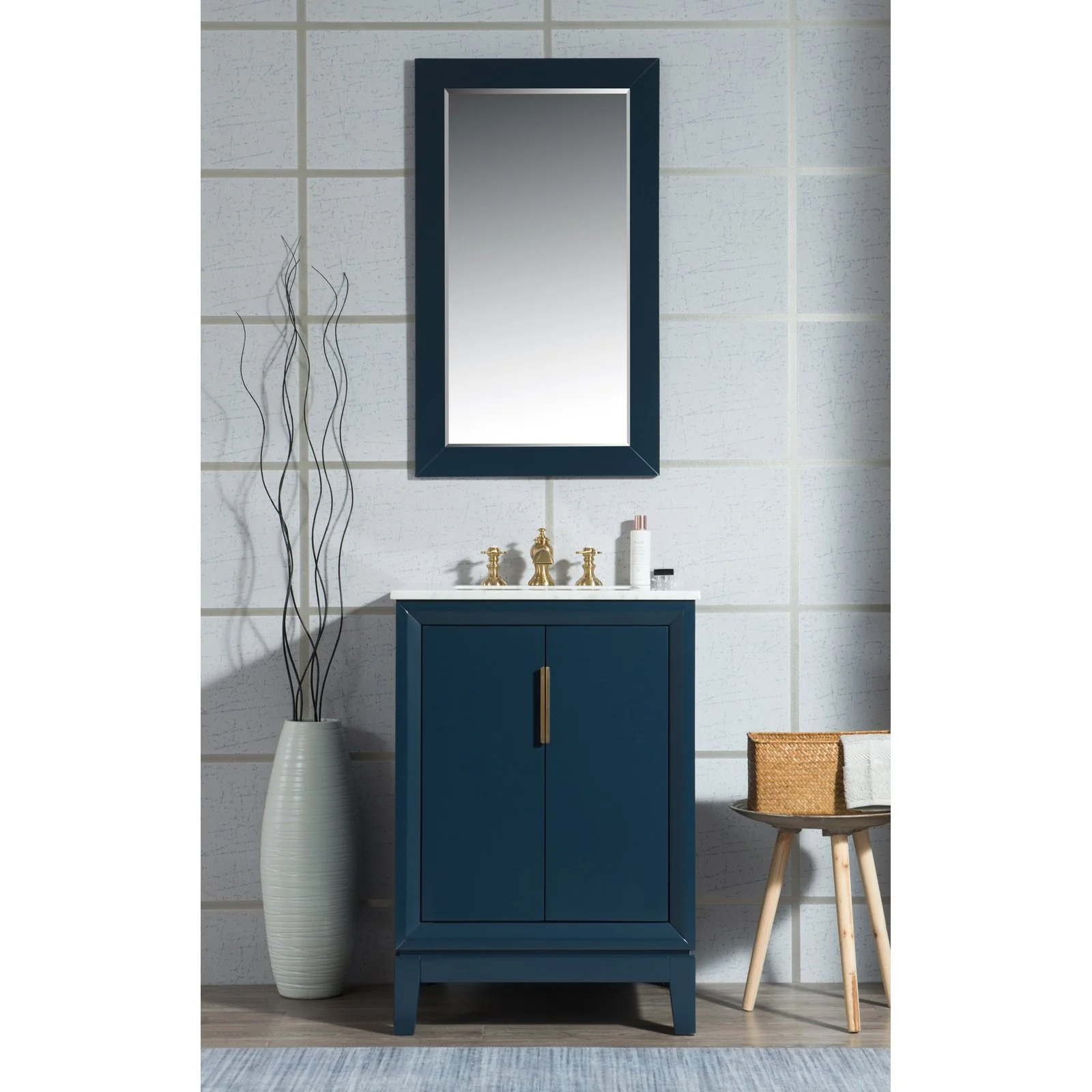 Water Creation Elizabeth 24" Single Sink Carrara White Marble Vanity In Monarch Blue With Matching Mirror and Lavatory Faucet