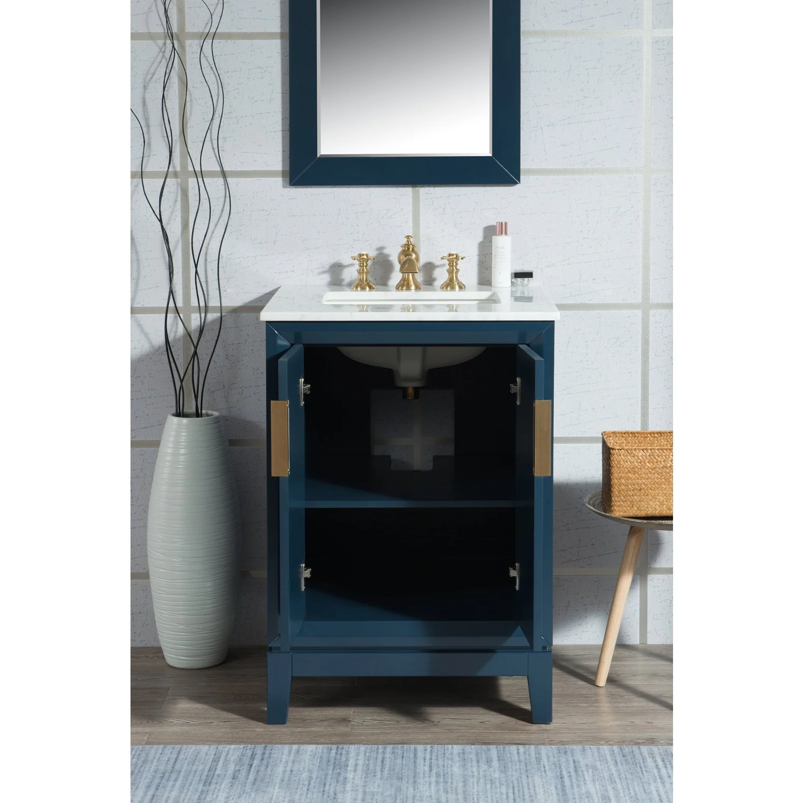 Water Creation Elizabeth 24" Single Sink Carrara White Marble Vanity In Monarch Blue With Matching Mirror and Lavatory Faucet - Image 8