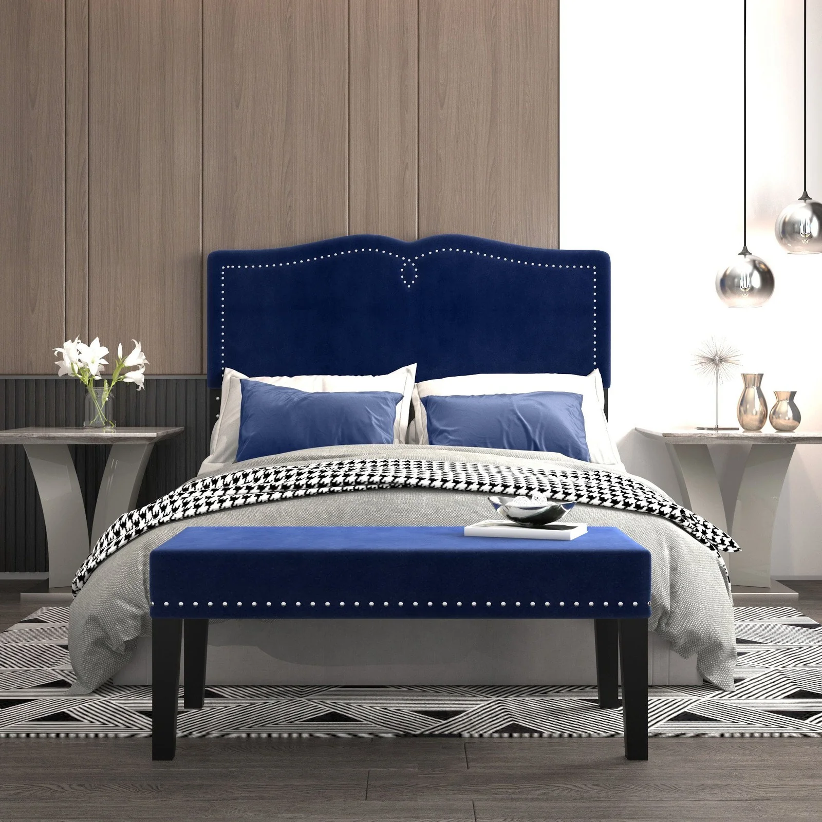 Worldwide Home Furnishings Aurora-54''/60'' Adj Hb W/ Bench-Blue 54"/60" Adj. Headboard W/Bench 151-585D_Q-BL