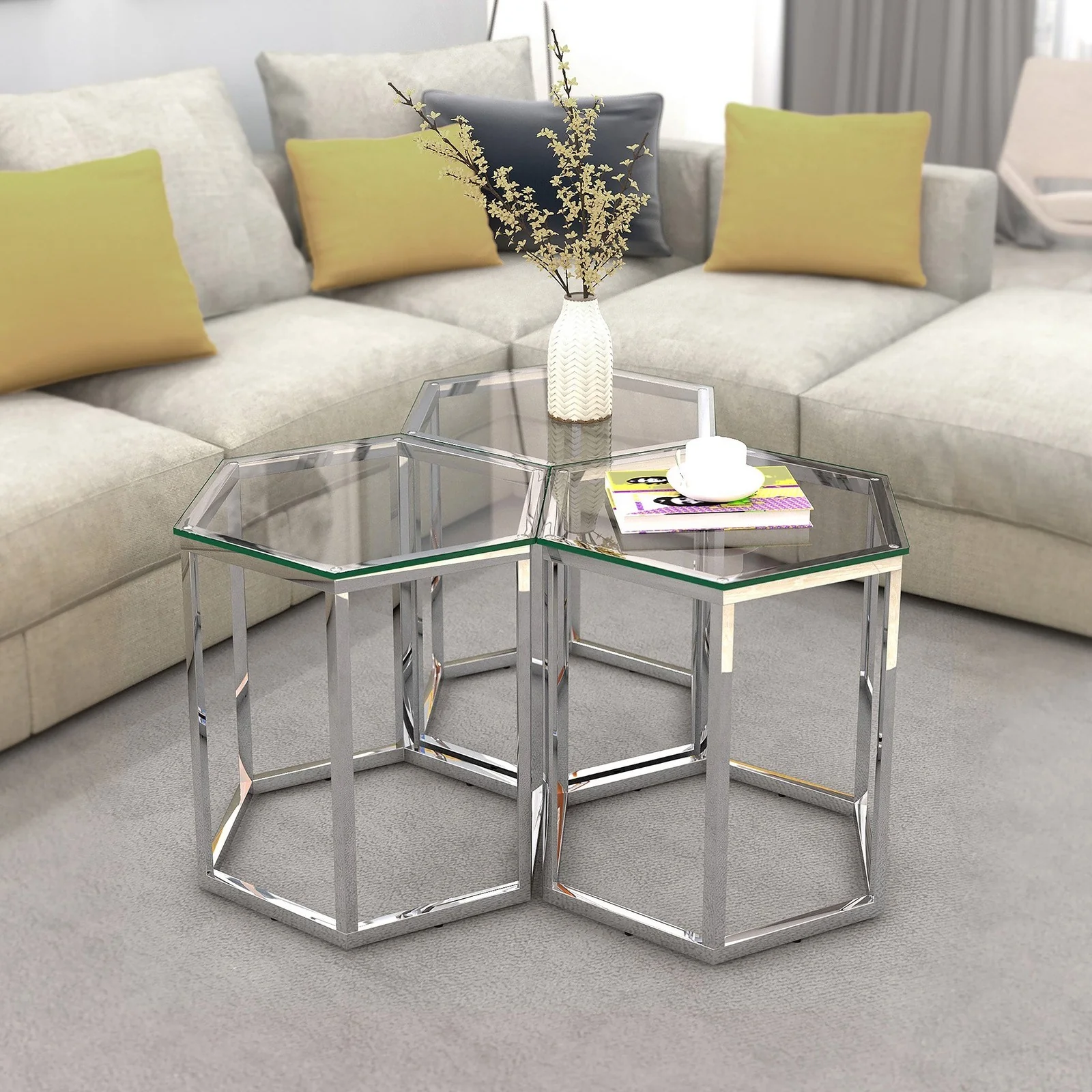 Worldwide Home Furnishings Fleur-3pc Accent Table-Silver 3pc Accent Table Set 501-635CH-3