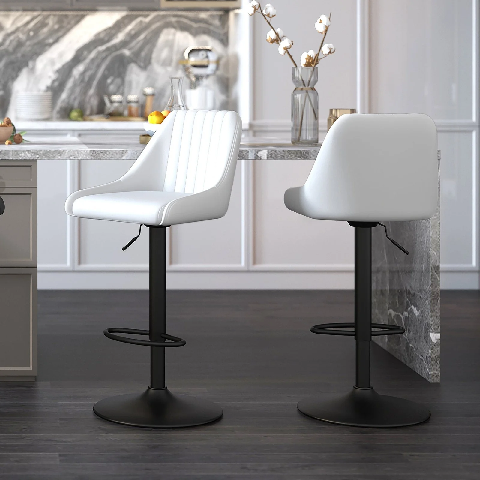 Worldwide Home Furnishings Kron-Air Lift Stool Pu-White Air-Lift Stool, Faux Leather, Set Of 2 203-574PUWT