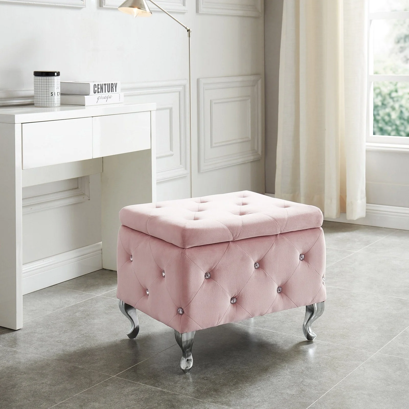 Worldwide Home Furnishings Monique-Sm Storage Ottoman-Blush Velvet Square Storage Ottoman 402-130SM-BSH