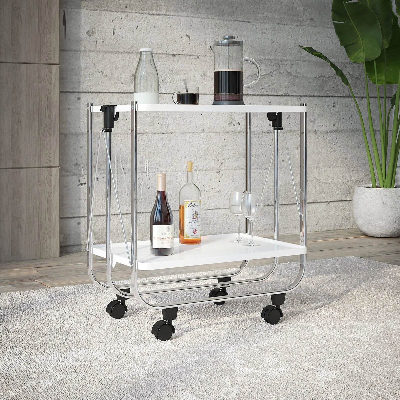 Worldwide Home Furnishings Sumi-2-Tier Folding Bar Cart-White 2-Tier Folding Bar Cart 556-092WT